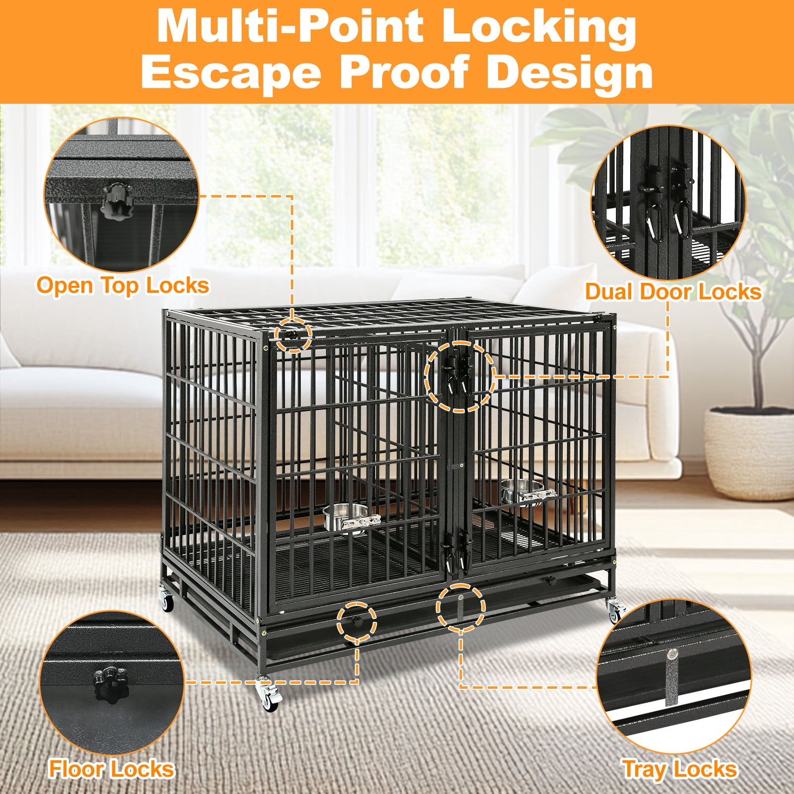 Homey Pet Stackable 43 inch Dog Crate Cage Kennel Indoor with Divider, 2X Steel Bowls, 4X Lockable Wheels, Tray, Heavy Duty Wire Dog Crates for Large/Medium/Small Dogs (Tall Model)