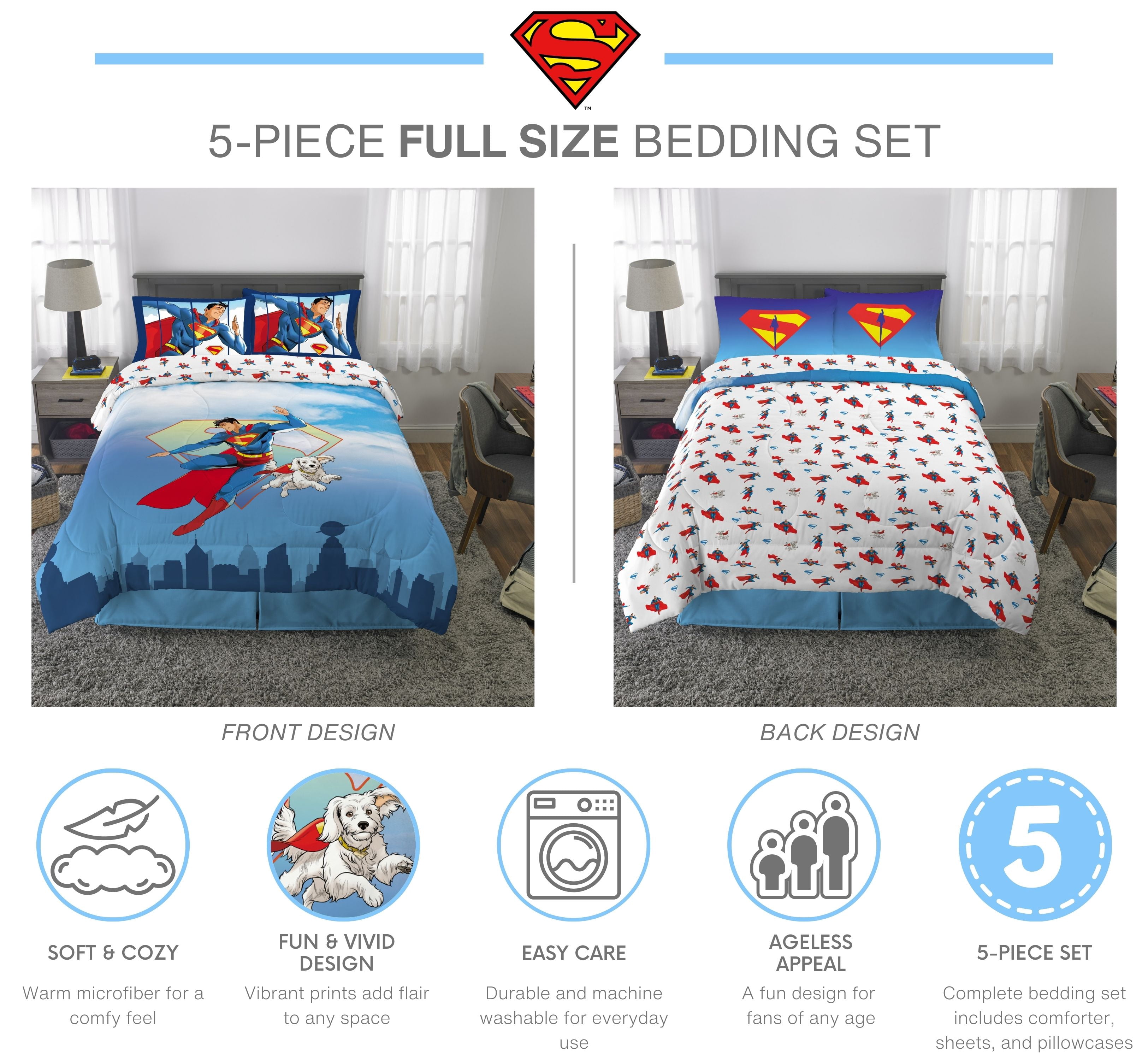 Superman Kids Full Bed in a Bag, 5Pc Bedding Set, Comforter and Sheets