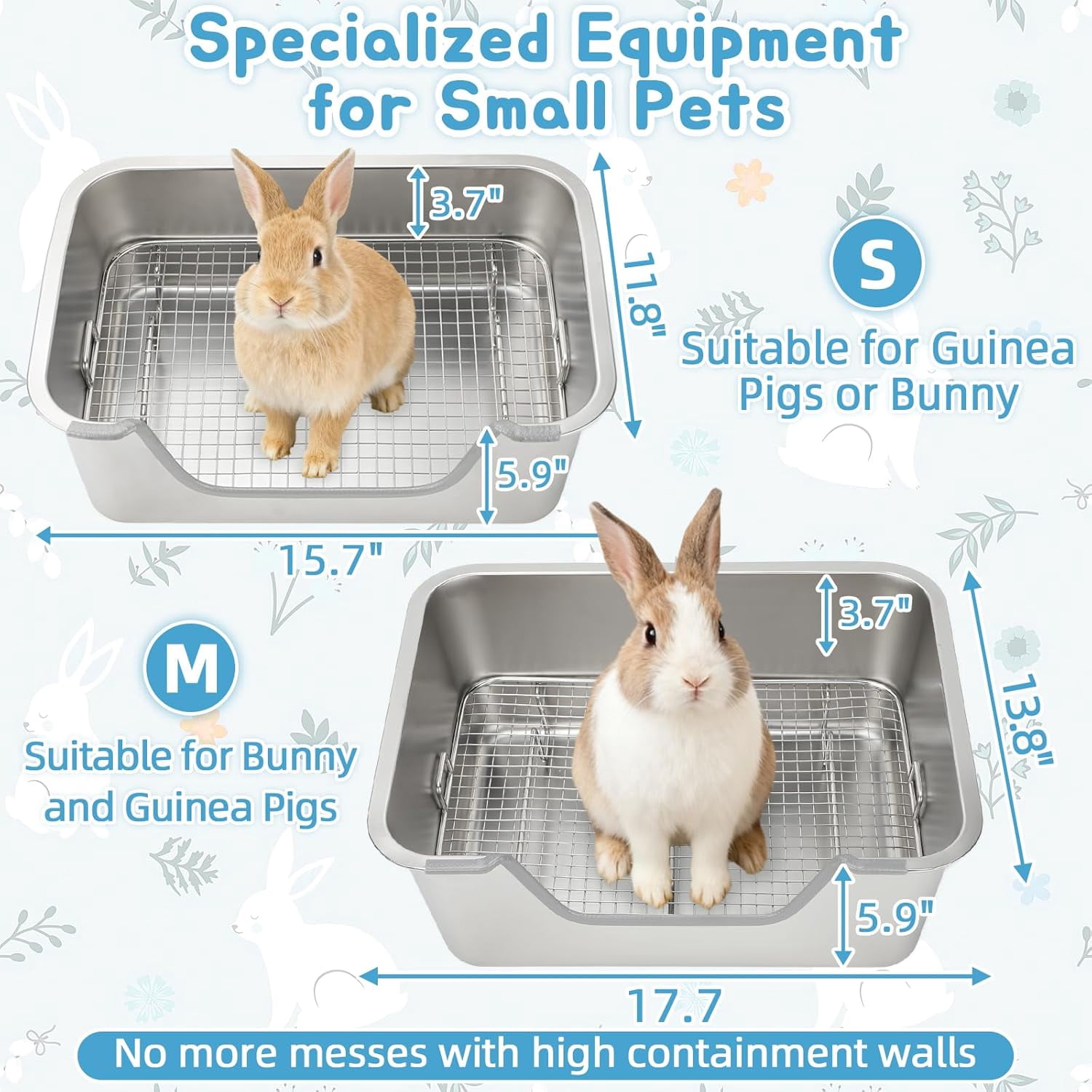 Large Stainless Steel Rabbit Litter Box with Sifting Tray, Steel Grids Bunny Litter Box, Rabbit Potty Pan for Adult Guinea Pigs, Chinchillas, Ferrets, Squirrels, Easy to Clean, Odor Control