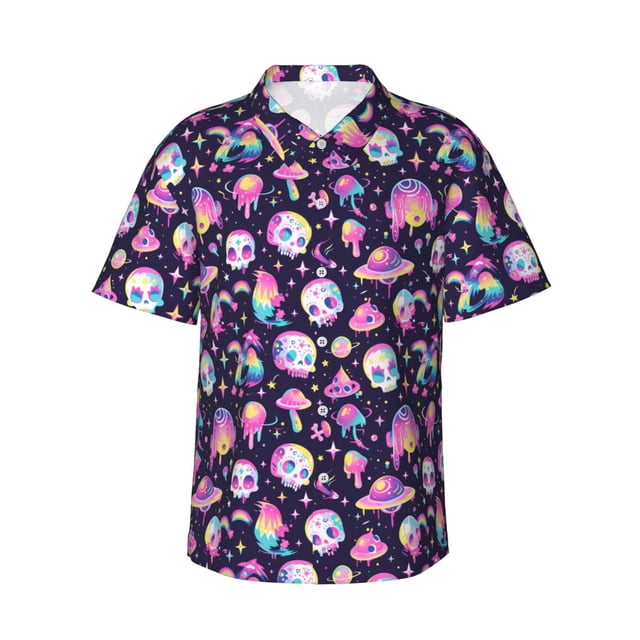 Fotbe Skull mushroom space Camisa Hawaiana para Hombre Unisex – Camisa Casual de Verano con Botones de Manga Corta de Algodón y Lino,Medium