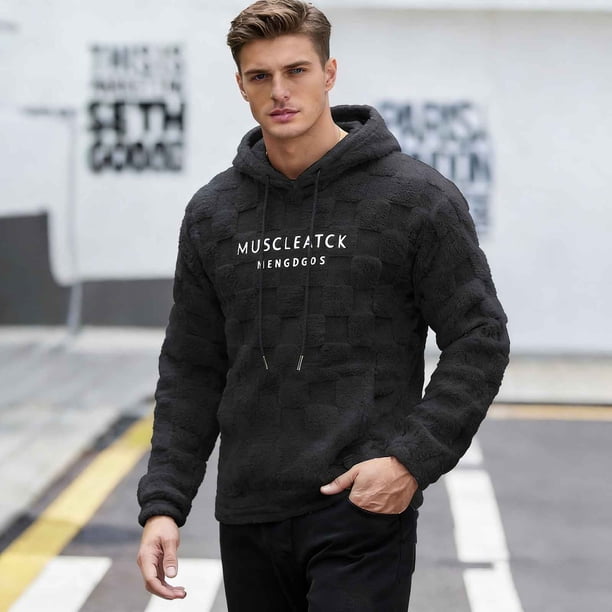 Ceisia Men's Oversize Hooded Checkered Plush Letter-Printed Polyester Sweatshirt Gift