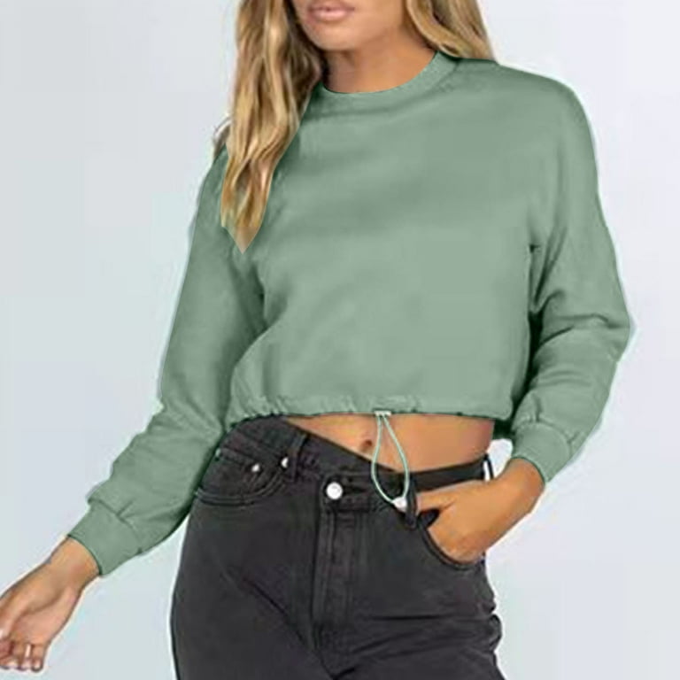 Jalioing Cropped Sweatshirt for Women Crewneck Long Sleeve Drawstring Cinch Drawstring Hem Pullover Tops Large Green