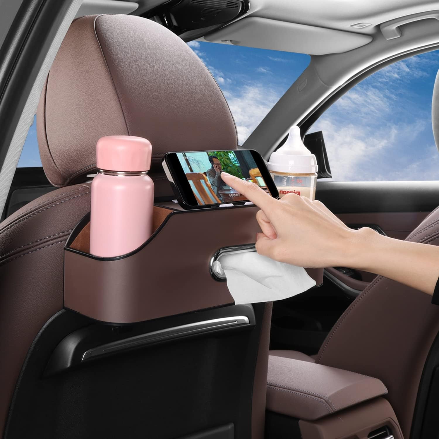CEDQ Car Seat Back Organizer - Stylish & Functional Storage for Family Adventures - Cup Holders, Tissue Box & Hooks - Car Interior Accessories Perfect for Kids, Road Trips & Travel (Black)