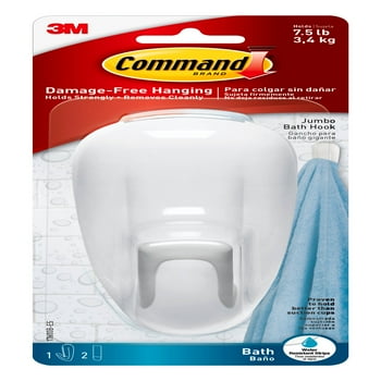Command Bath Hook, White, Large, 1 Wall Hook, 2 Water Resistant Strips, Hang Robes or Loofahs
