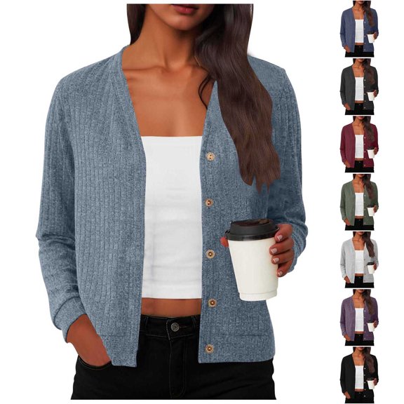 Fewfanhot Winter Clothing for Women Long Sleeve Open Front Cardigan Button Down Ribbed Lightweight Knit Outerwear with Pocket