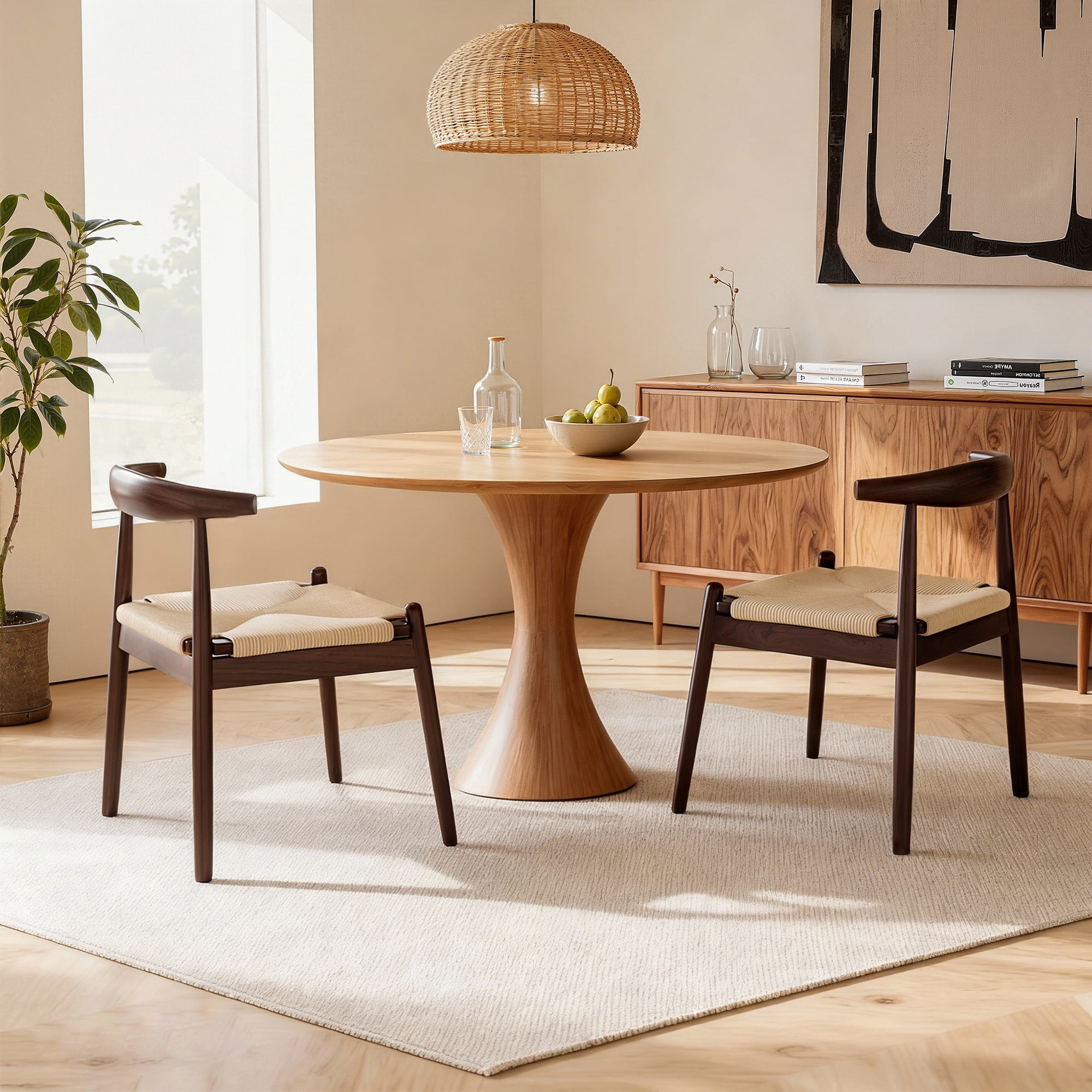 MAYEERTY Set of 2 Modern Dining Chairs, Solid Wood Legs & Woven Rope for Dining Room, Light Amber-black