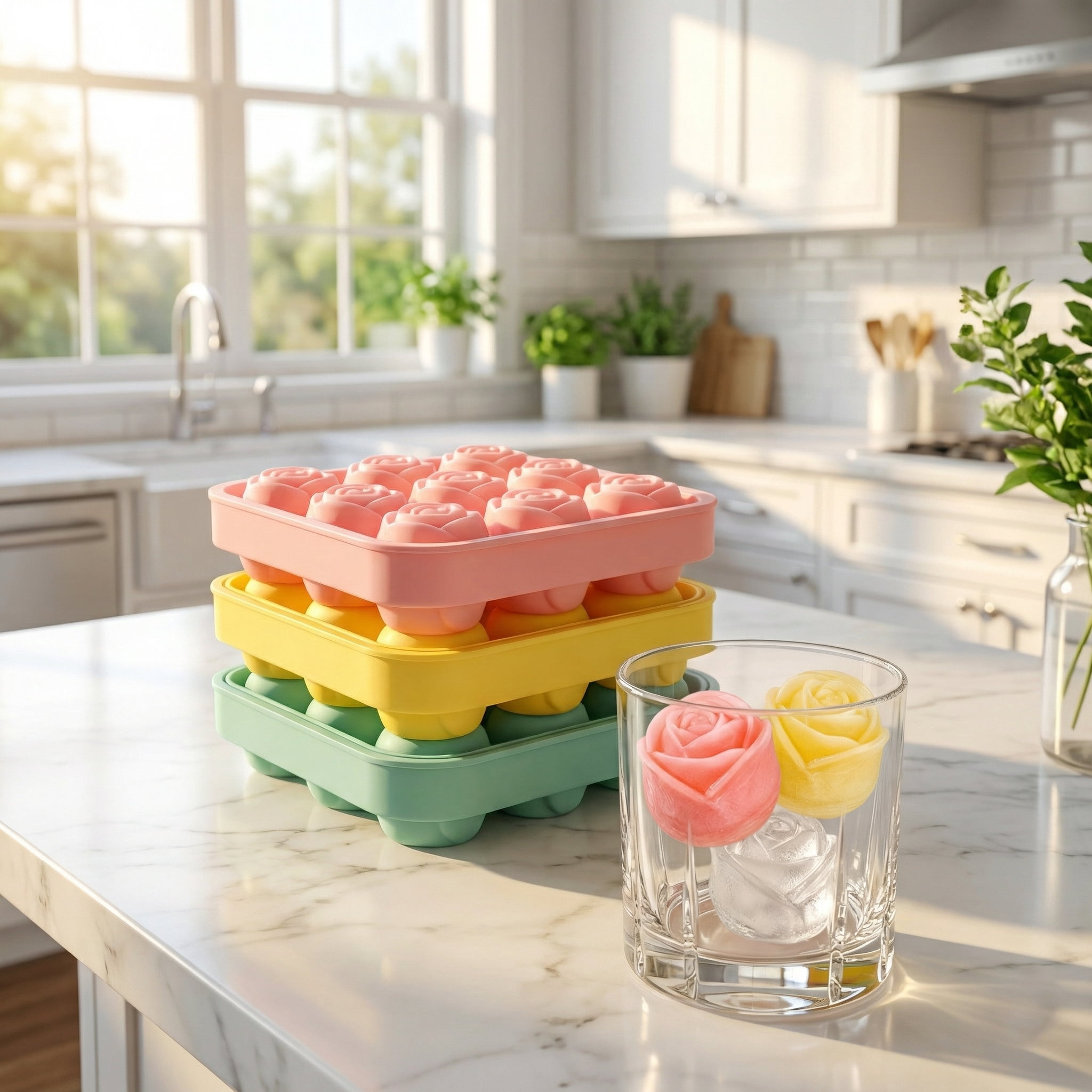 4 Pcs Silicone Rose Ice Cube Mold with Covers Fun Shapes Flower Ice Cube Mold Trays Maker 9 Cavity Easy Release Form for Whiskey Bourbon Cocktails（Black+Yellow+Green+Pink）