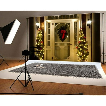 Image of MOHome 7x5ft Backdrop Christmas Tree Decoration Photography Background Home Door Fir Wreath Lamp Scene Background Gifts Night Party Celebrate Photo Background Princess Girls Child Party