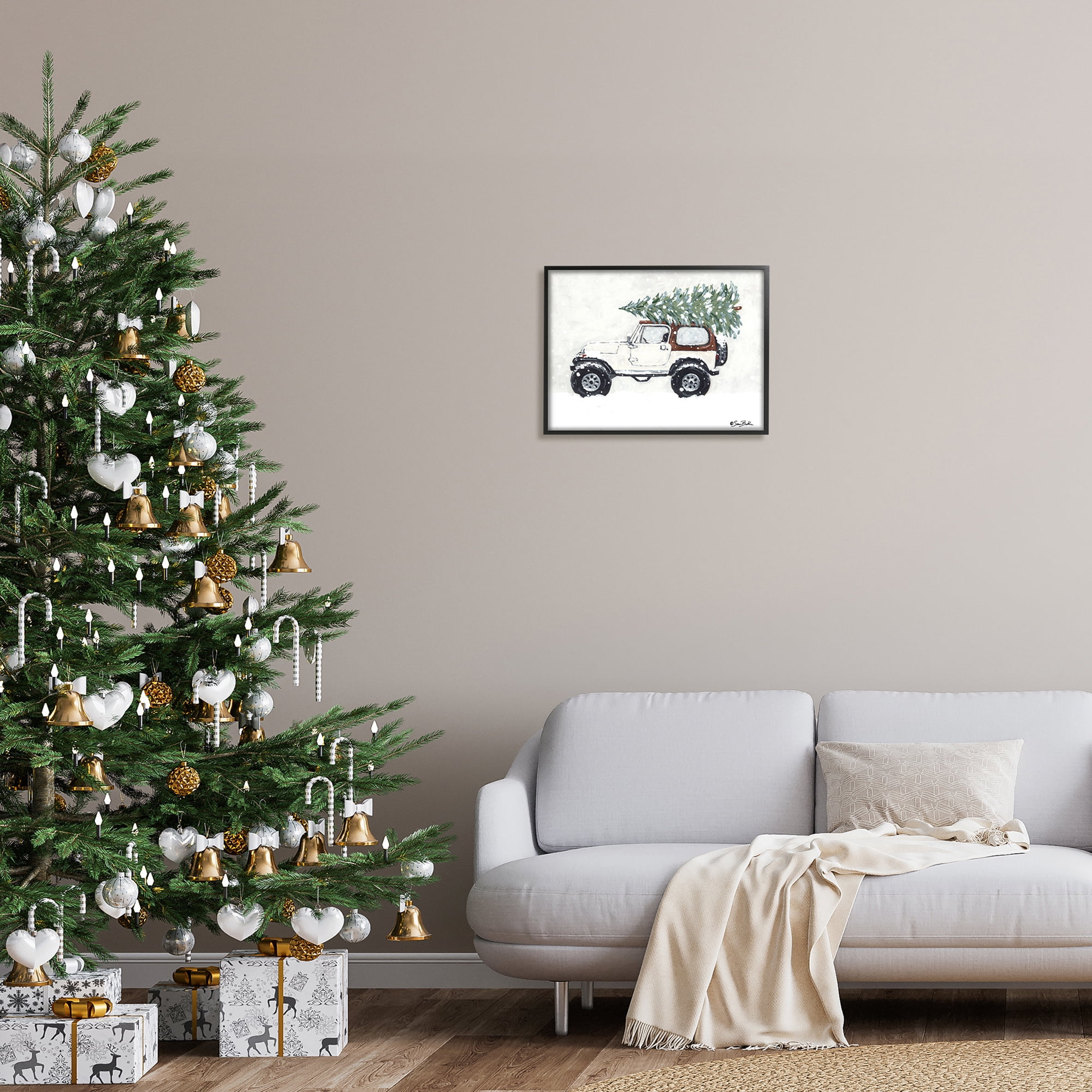 Snowy White Truck Carrying Fresh Christmas Tree Transportation Painting Framed Art Print Wall Art