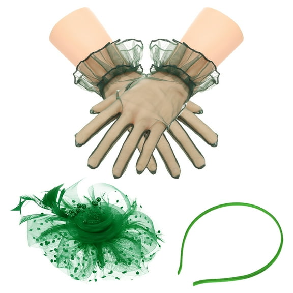 Uxcell Fascinators Hat Clip Set with Hair Clip and Short Floral Lace Gloves Tea Party Face Veil Hat Vintage Headwear Green