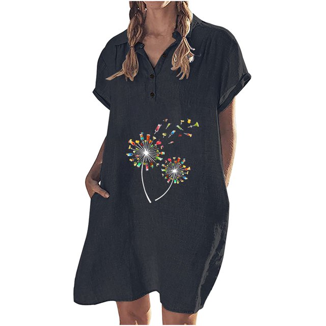 Vestido casual de color sólido con botones de solapa y manga corta de algodón y lino para mujer Pompotops ghjkhdj18605