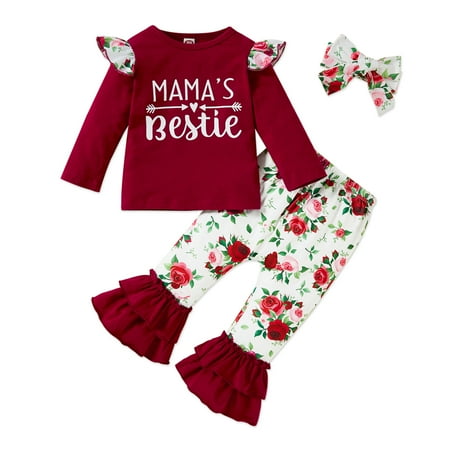 

ZOELNIC Toddler Kids Baby Girl Mama s my Bestie Clothes Long Sleeve Top Floral Flare Pants with Headband 3Pcs Outfits Outfits 2-3T