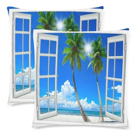 Sofas That Don T Sag YKCG Sea Beach Decor with Palm Tree Pillowcase 18x18 Cushion Case Cover Twin Sides, Summer Sunny Say Window View Zippered Throw Pillow Case Cover Decorative for Couch Bed, Set of 2 ()