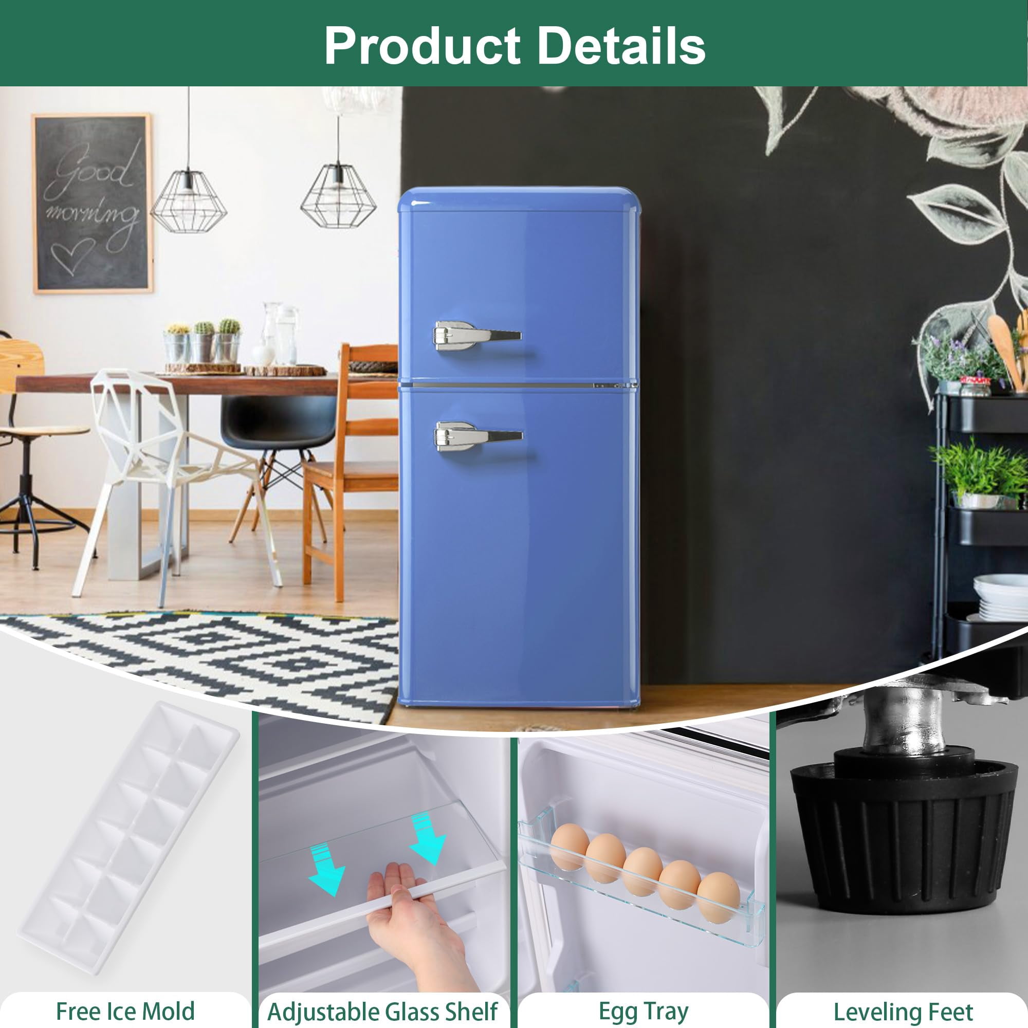 4.0 Cu.Ft Mini Fridge with Freezer, Retro Small Refrigerator with 7 Level Adjustable Thermostat, Compact Classic Dual Door Fridge Removable Glass Shelves for Apartments, Dorm, Office, Blue