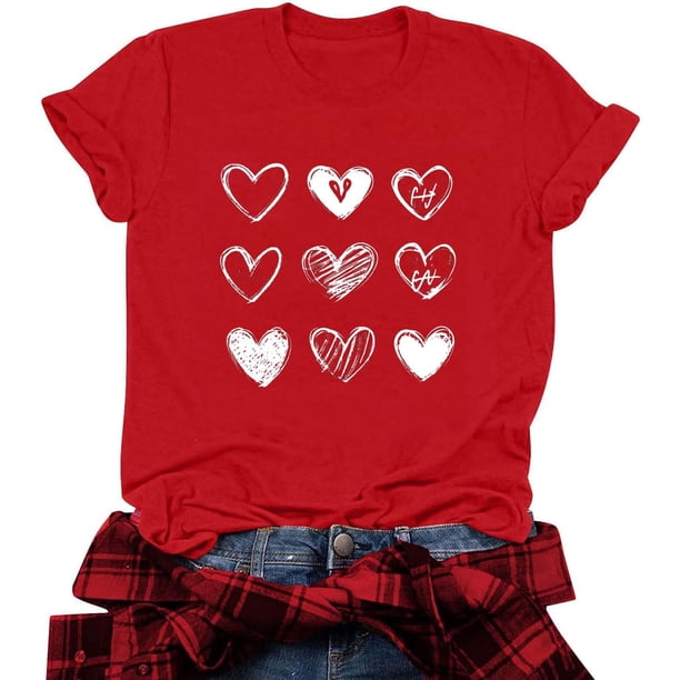 RKSTN Valentine's Day T Shirts for Women Cotton Oversized Crewneck Heart Graphic Print Short Sleeve Shirt Pullover Tops Womens Casual Valentine Print Round Neck Regular Fits Comfy Summer Tee Shirts