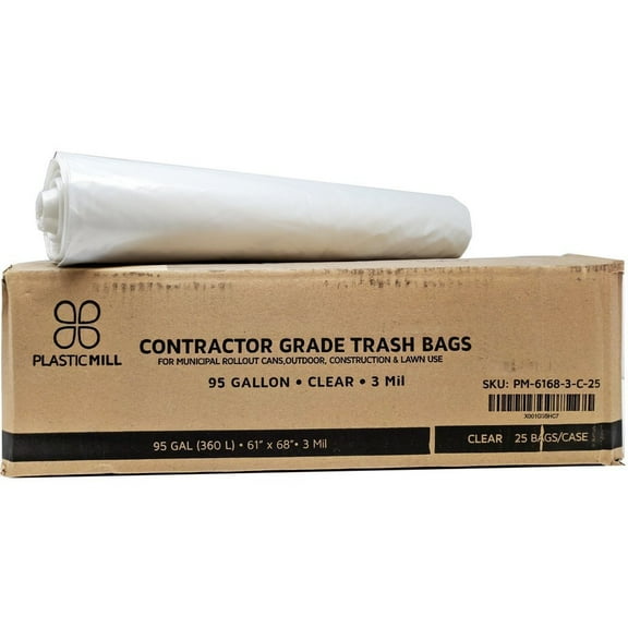 PlasticMill 95 Gallon, Clear, 3 Mil, 61x68, 25 Bags/Case, Ultra Heavy Duty, Garbage Bags / Trash Can Liners / Contractor Bags.