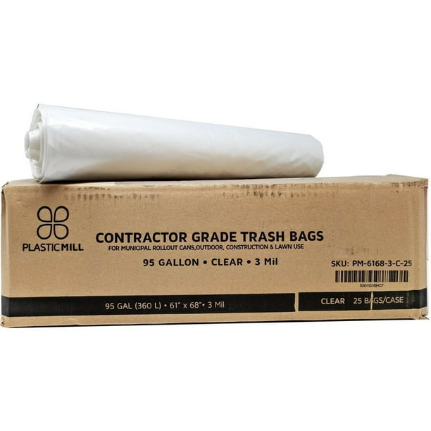 PlasticMill 95 Gallon, Clear, 3 Mil, 61x68, 25 Bags/Case, Ultra Heavy