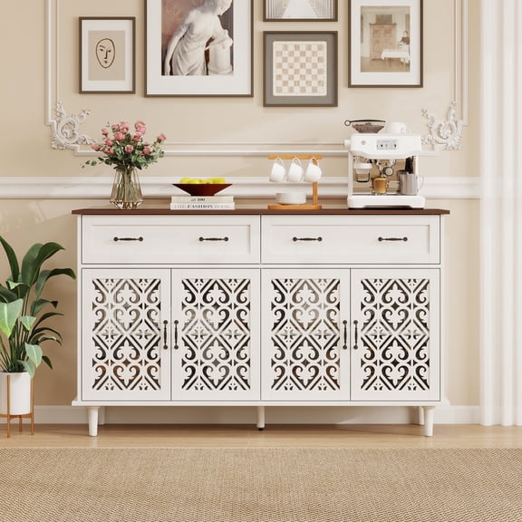 FFZ Vintage Sideboard Buffet Cabinet with Hand-Carved Doors, 2 Drawers & 4 Doors Storage, White walnut
