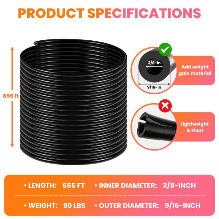 656-Foot 3/8" Self-Sinking Aeration Hose Set - Contains 4 Copper Menders & 4 Stainless Steel Clamps, Designed for Pond, Lake, Garden & Aquaculture Aeration