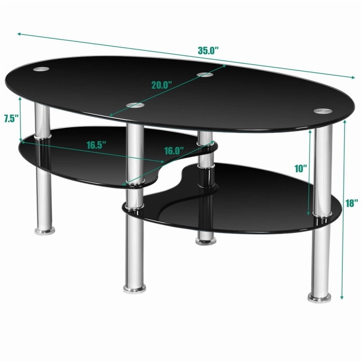 Yardi Yard Mid-Century Modern Oval 2-Tier Tempered Glass Coffee Table with Storage Side Shelf and Oak Wood Legs for Living Room Black