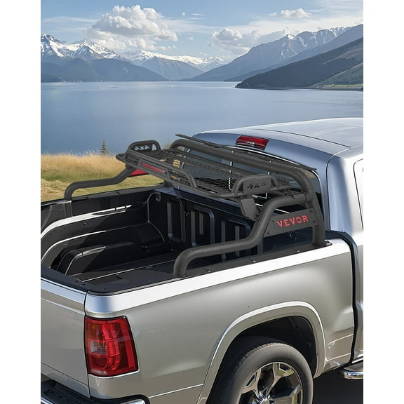 VEVOR Truck Bed Roll Bar, Universal Adjustable Sport Bar Chase Rack, with Luggage Rack for Full-Size Pickup, Carbon Steel Construction with LED Brake Light, Rust-resistant Coating