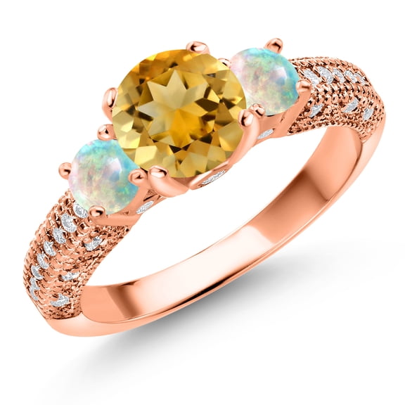 Gem Stone King 18K Rose Gold Plated Silver Yellow Citrine White Opal and White Moissanite Engagement Ring for Women (1.88 Cttw, Gemstone November Birthstone, Round 7MM and 4MM, Size 7)