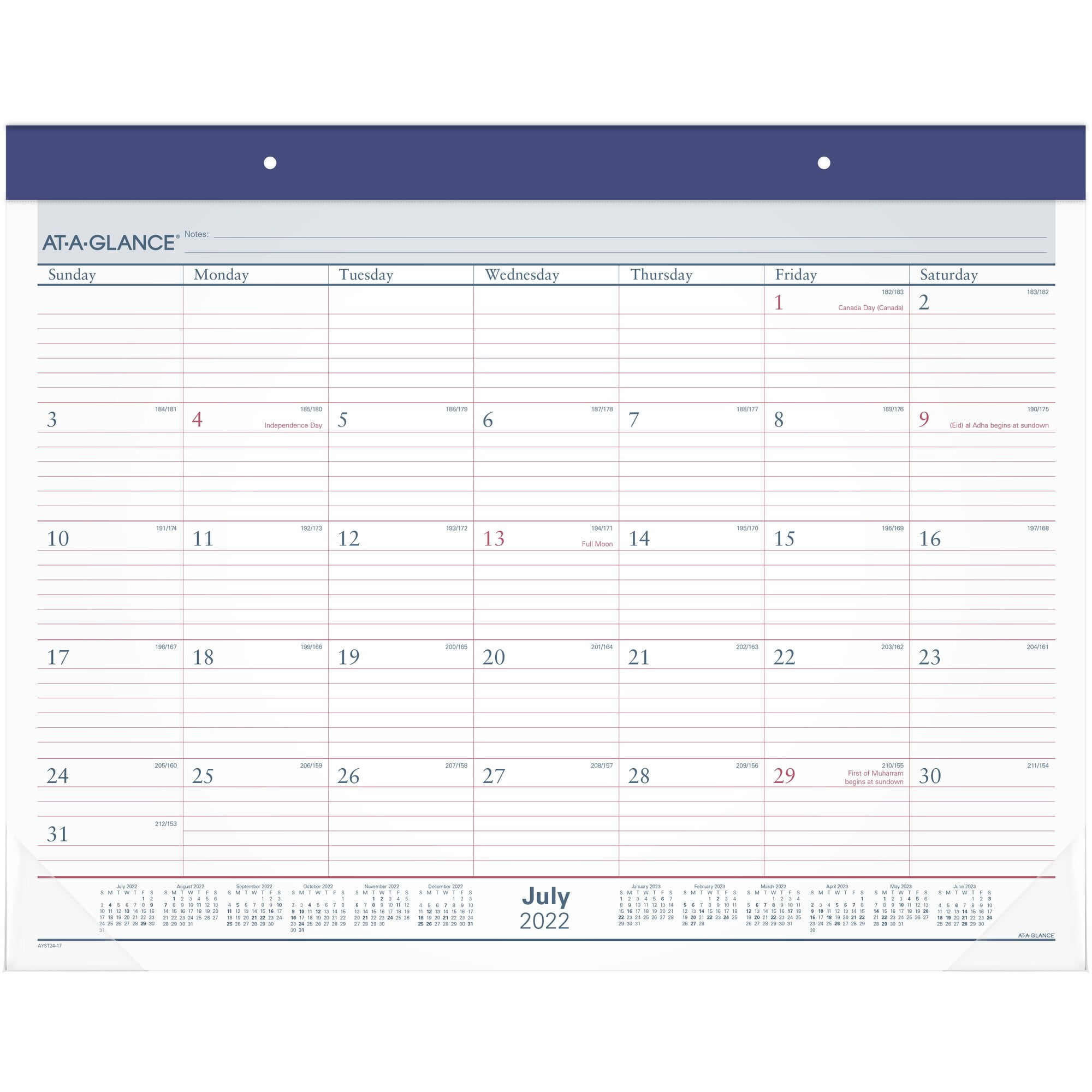 AT-A-GLANCE 2022-2023 Two-Color Academic Monthly Desk Pad Calendar, Large, 21 3/4' x 17'