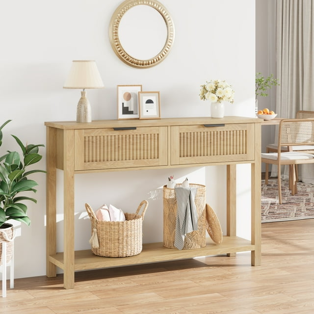 Table Console Cannelée Noire avec 2 Tiroirs et Tablette de Rangement - Table d'Entrée Moderne en Bois - Table d'Appoint Étroite et Compacte pour Canapé pour Salon, Couloir, Vestibule - Cadre Durable en MDF et Métal