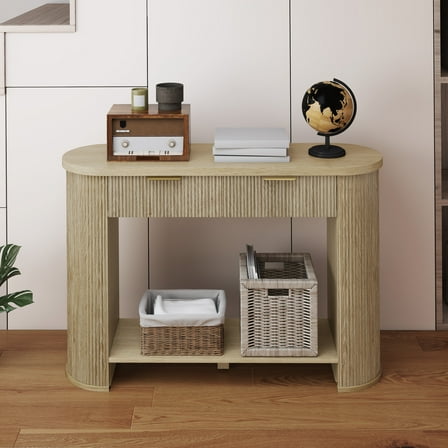DEXTRUS 47.2" Fluted Console Table with Drawer & Storage Shelf, Rustic Entryway Table, Oak