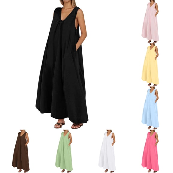 Wxolcjlv Women's V Neck Maxi Dress Sleeveless Pleated Loose Vacation Dress With Pockets