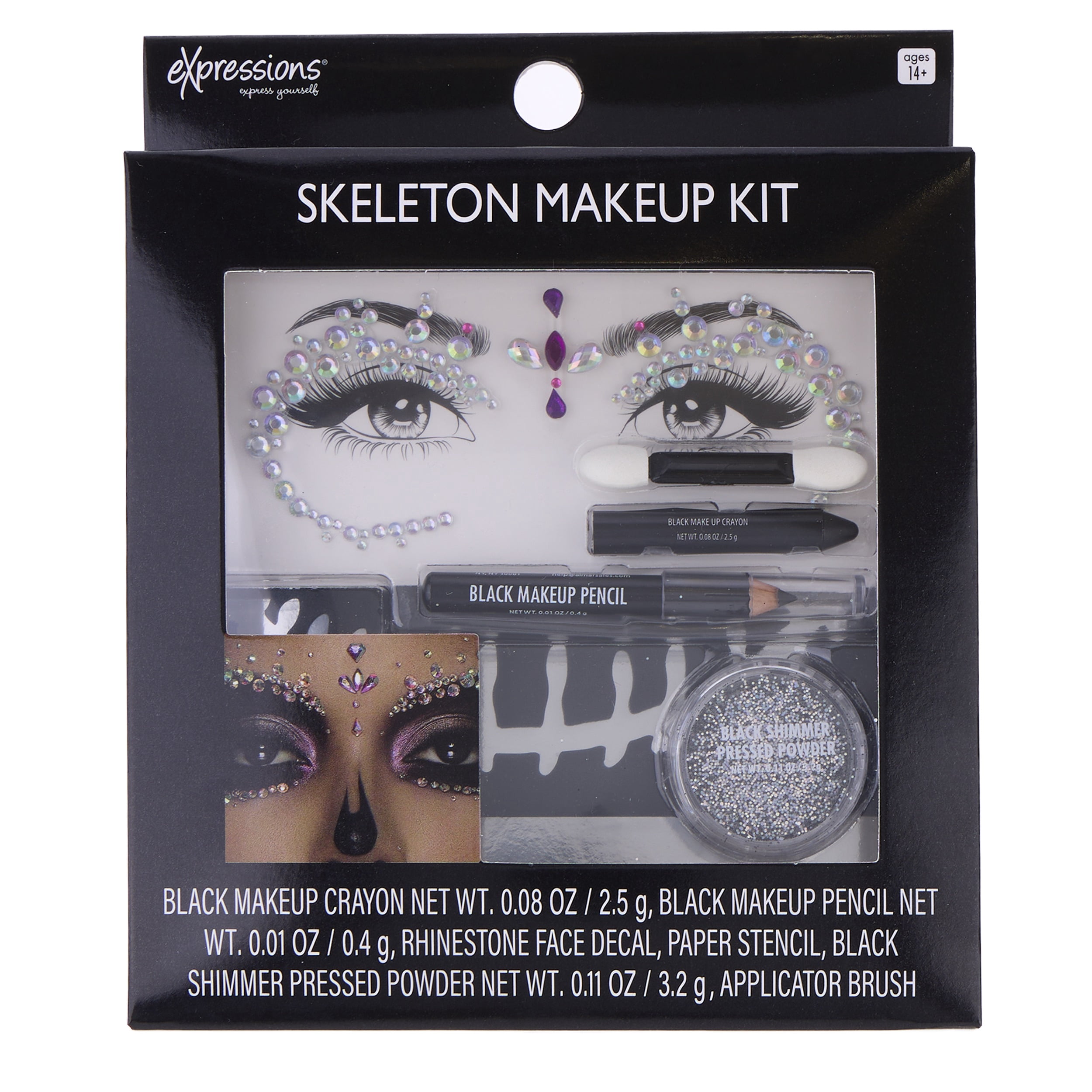 Expressions Glitter Skeleton Makeup Kit with Rhinestone Eye Jewels & Stencil