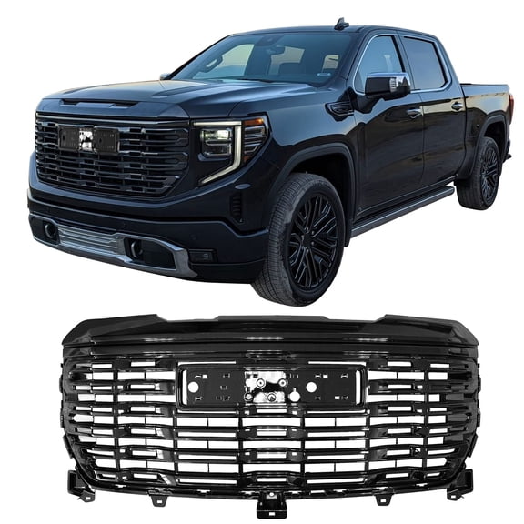 Ikon Motorsports Front Upper Grille Compatible with 2022-2024 GMC Sierra 1500 Denali Style Gloss Black Replacement Front Bumper Hood Grill W/o Emblem 1Piece
