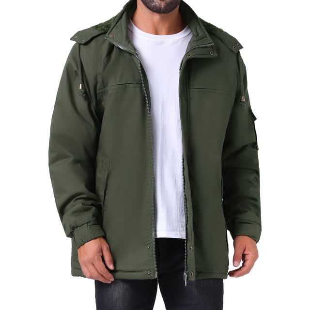 CHAQUETA PARKA DE TRABAJO CON CAPUCHA Y FORRO DE FELPA TÉRMICA INSPIRADA EN CHIC PARA HOMBRES, VERDE OSCURO, TAMAÑO S