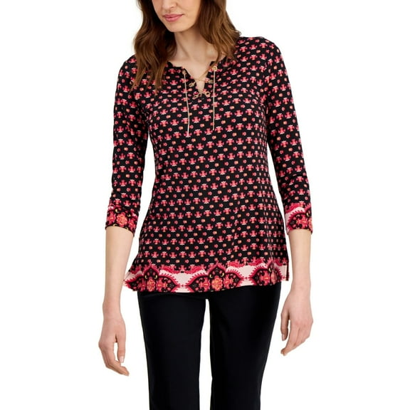 JM Collection Women's Chain Lace-Up Border-Print Tunic – Deep Black Combo, Medium