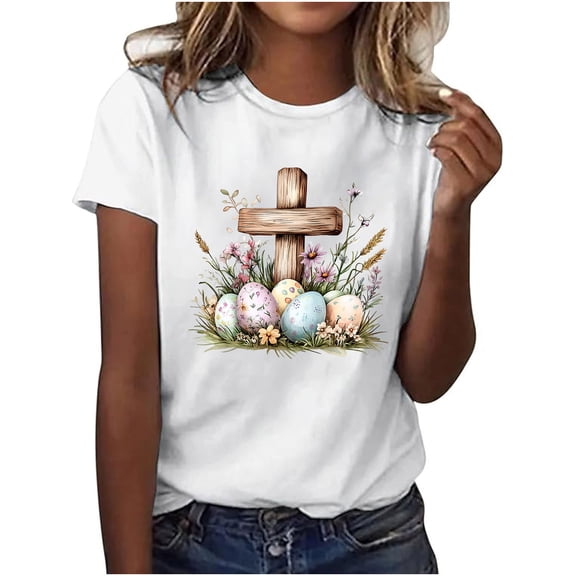 Womens Easter Tops 2025 Summer Trendy Easter Themed Round Neck Short Sleeve T-Shirt Top
