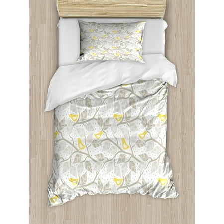 Grey And Yellow Duvet Cover Grey and Yellow Duvet Cover Set, Abstract Tree Branches with Leaves Birds and Dots Spring Nature, Decorative Bedding Set with Pillow Shams, Grey Yellow White, by Ambesonne ()