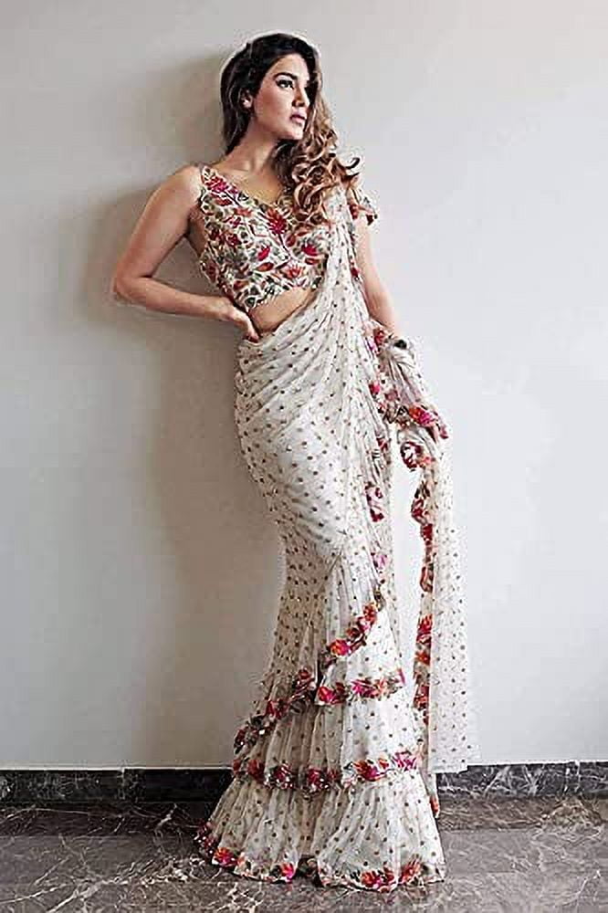 3187 Shilpa Shetty's Printed Off White Ruffle Saree – Shama's Collection