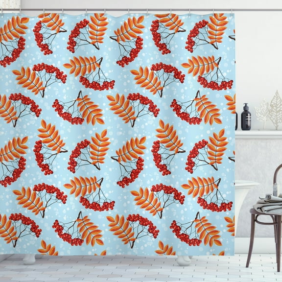 Ambesonne Rowan Shower Curtain, Dried Leaf Bunch of Berry, 69"Wx84"L, Pale Blue Red Orange