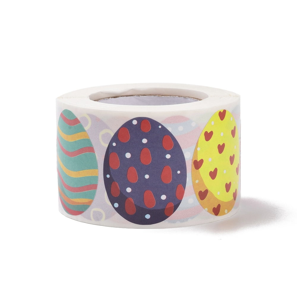 5rolls 9 Patterns Easter Theme Self Adhesive Paper Sticker rolls Egg-Shaped Sticker Labels Gift Tag Stickers Stripe & Wave & Heart Mixed Patterns 38x30x0.1mm 500pcs/roll