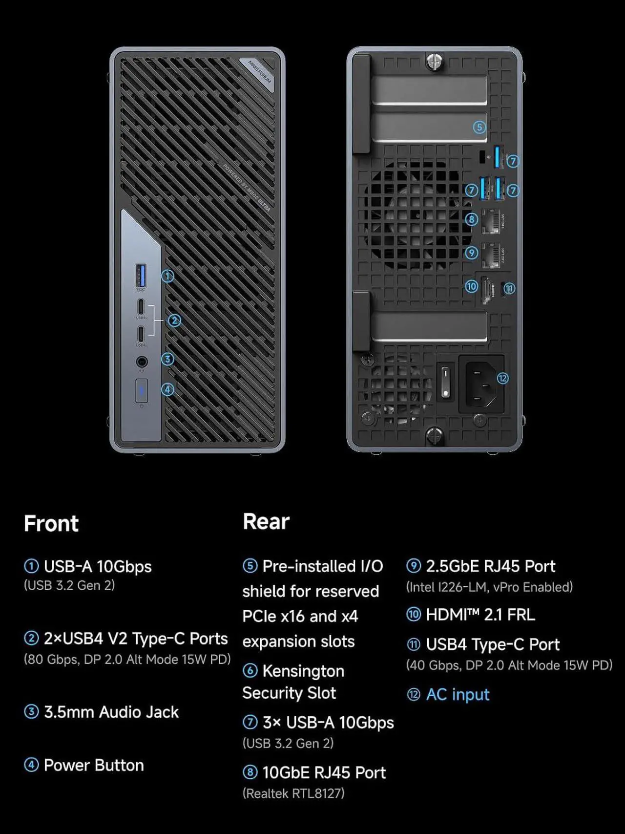 MINISFORUM MS-02 Ultra Workstation Core Ultra 5 235HX Barebone Mini PC Without Storage/OS, HDMI|USB4|2xUSB4 V2 Output, 4X DDR5 SO-DIMM Slot, 2X SSD Slot, 1x10G RJ45, 1x2.5G RJ45 Port, WiFi7/BT5.4 PC