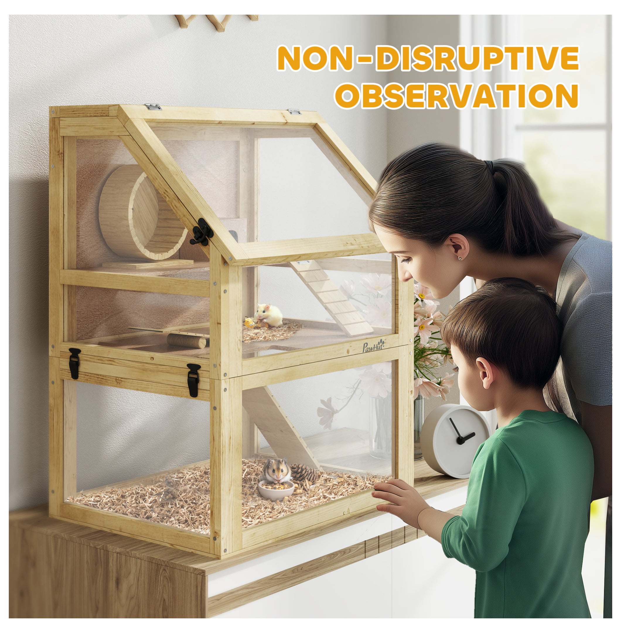 Hamster Cage 3 Tier Wooden w/Wheel, Hut & Seesaw - 24x16x29.5in - Small Animal Habitat for Hamsters, Gerbils & Mice