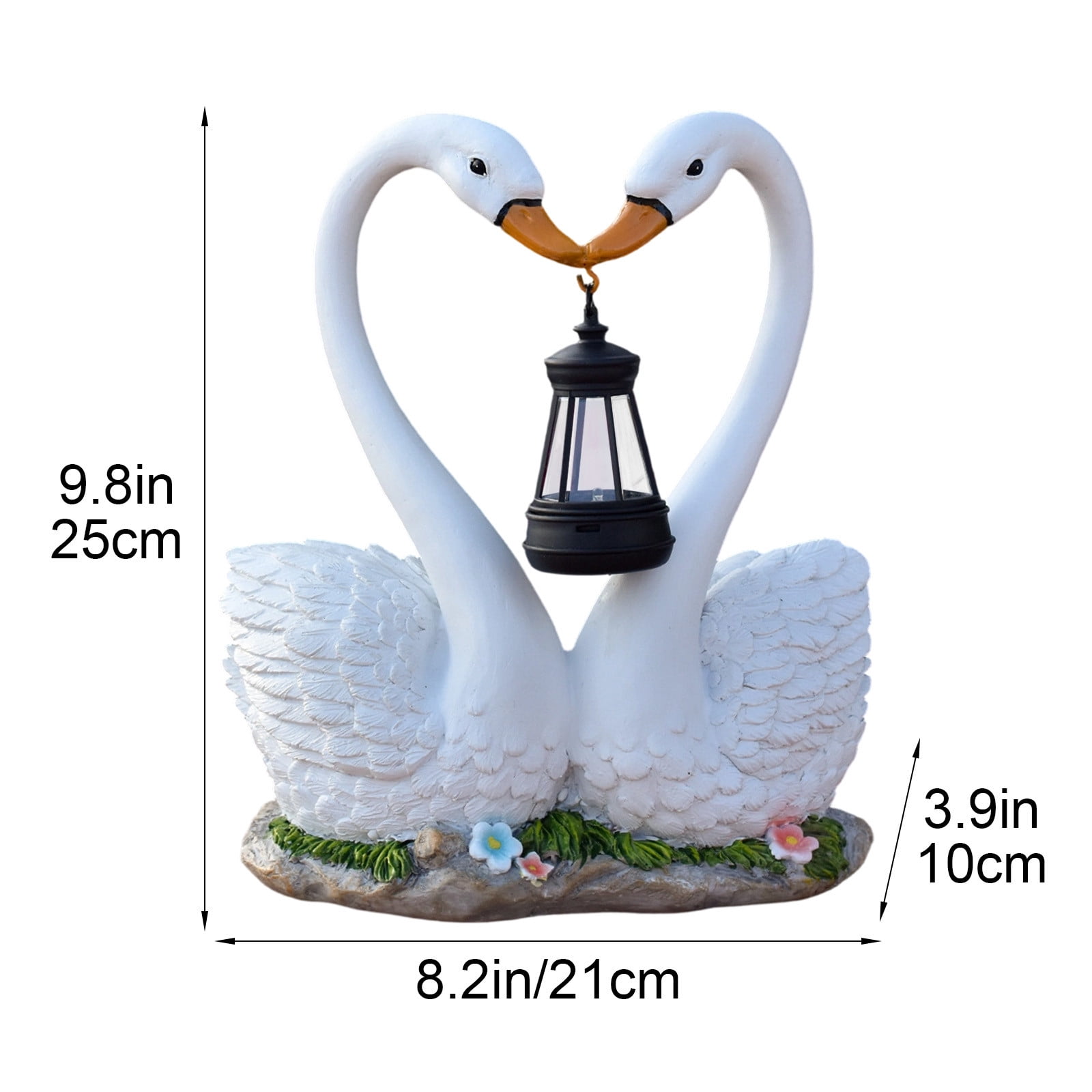 Resin Swan Couple Garden Statue with Solar LED Lantern Waterproof Outdoor Love Heart Sculpture Romantic Yard Art Night Light