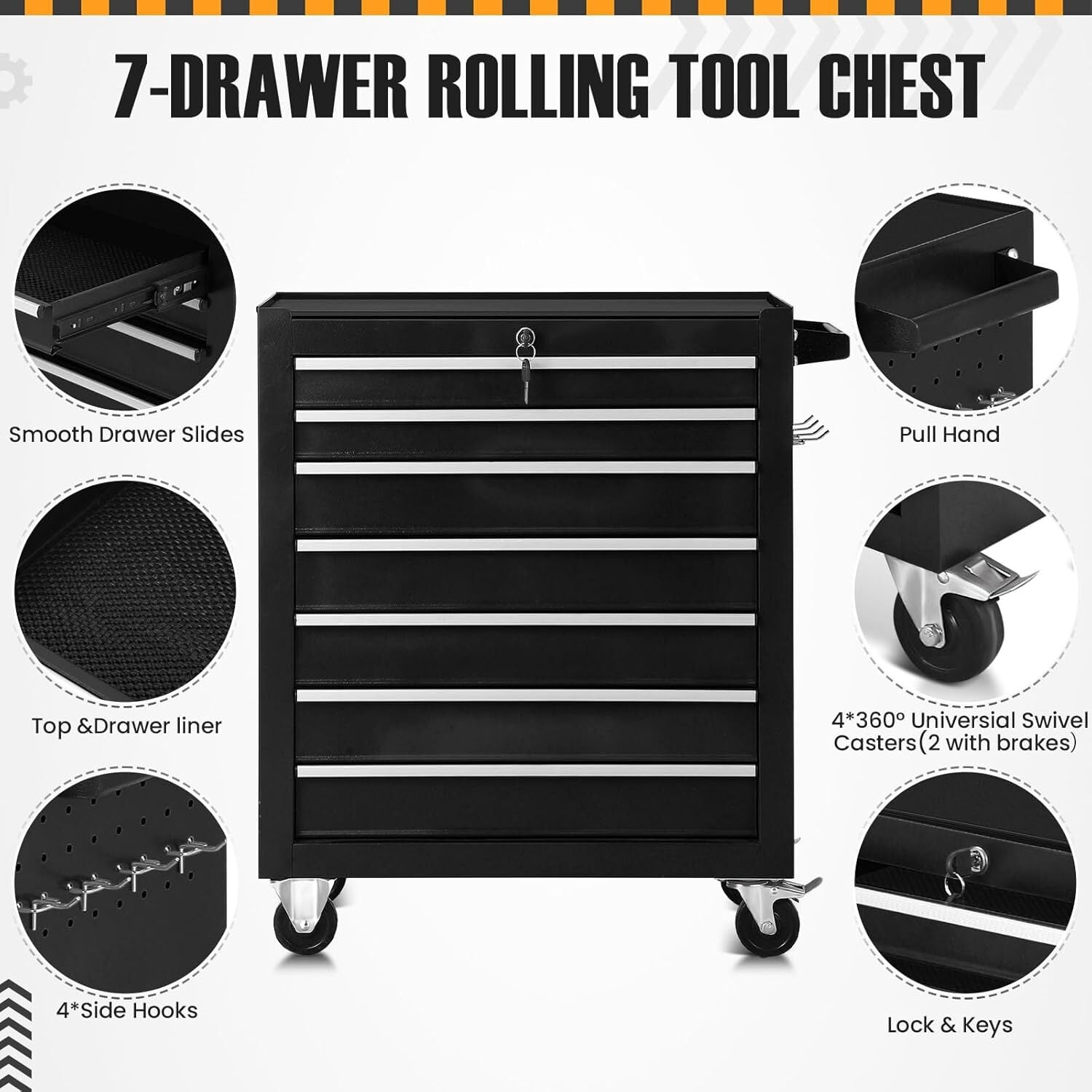 Garvee Tool Chest with 7 Drawer, 24" Tool Storage Cabinet with Wheels & Locking System, Heavy Duty Toolbox for Garage, Warehouse, Workshop, Black