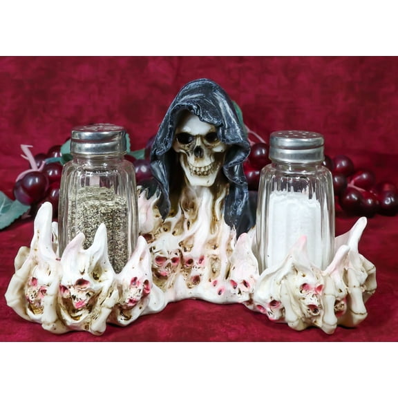 Grim Reaper Skeleton With Damned Souls Lake Of Fire Salt And Pepper Shakers Set