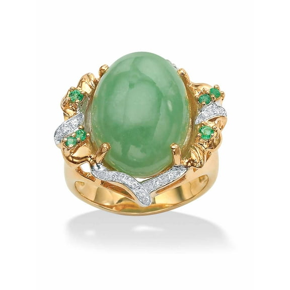 PalmBeach Jewelry .28 TCW Genuine Emerald, Jade and Cubic Zirconia Accent 14k Gold-plated Sterling Silver Oval Ring