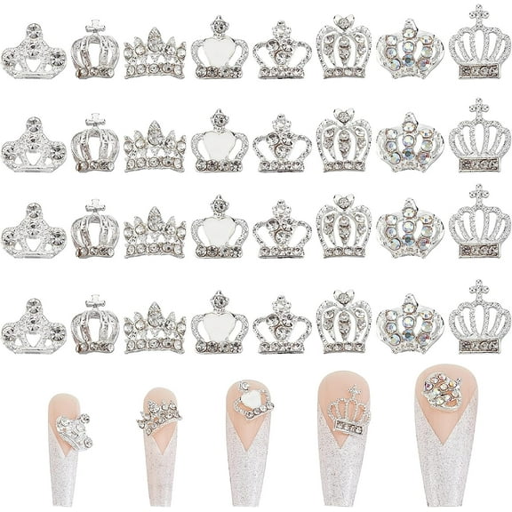 32Pcs 8 Style Crown Alloy Rhinestone Nail Art Cabochons Nail Art Charms for Women DIY Manicures Decoration Accessories Silver 7~11x8.5~12x2~4mm 4pcs/style