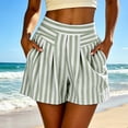 thumbnail image 2 of Women's Striped Summer Shorts With Pockets, Mid Waisted Loose Fit Pleated Casual Beach Shorts, Soft Stretchy Polyester Spandex Drawstring Elastic | TruHer,Army Green L, 2 of 8