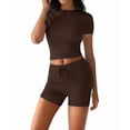 thumbnail image 2 of Women'S Two Piece Sets Summer Slim Fitted Short Sleeve Tops Foldover Shorts Matching Lounge Sets Brown S, 2 of 7