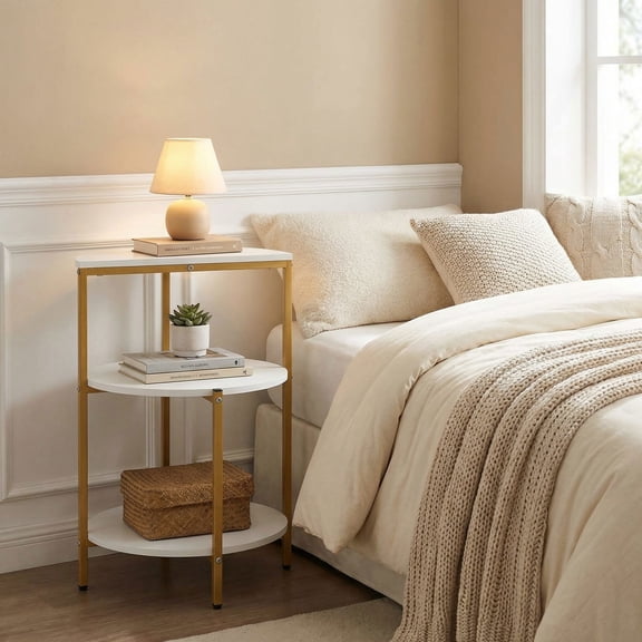 Resenkos 3-Tier Round End Table, Space-Saving Nightstand for Small Bedroom, Living Room, Office, White