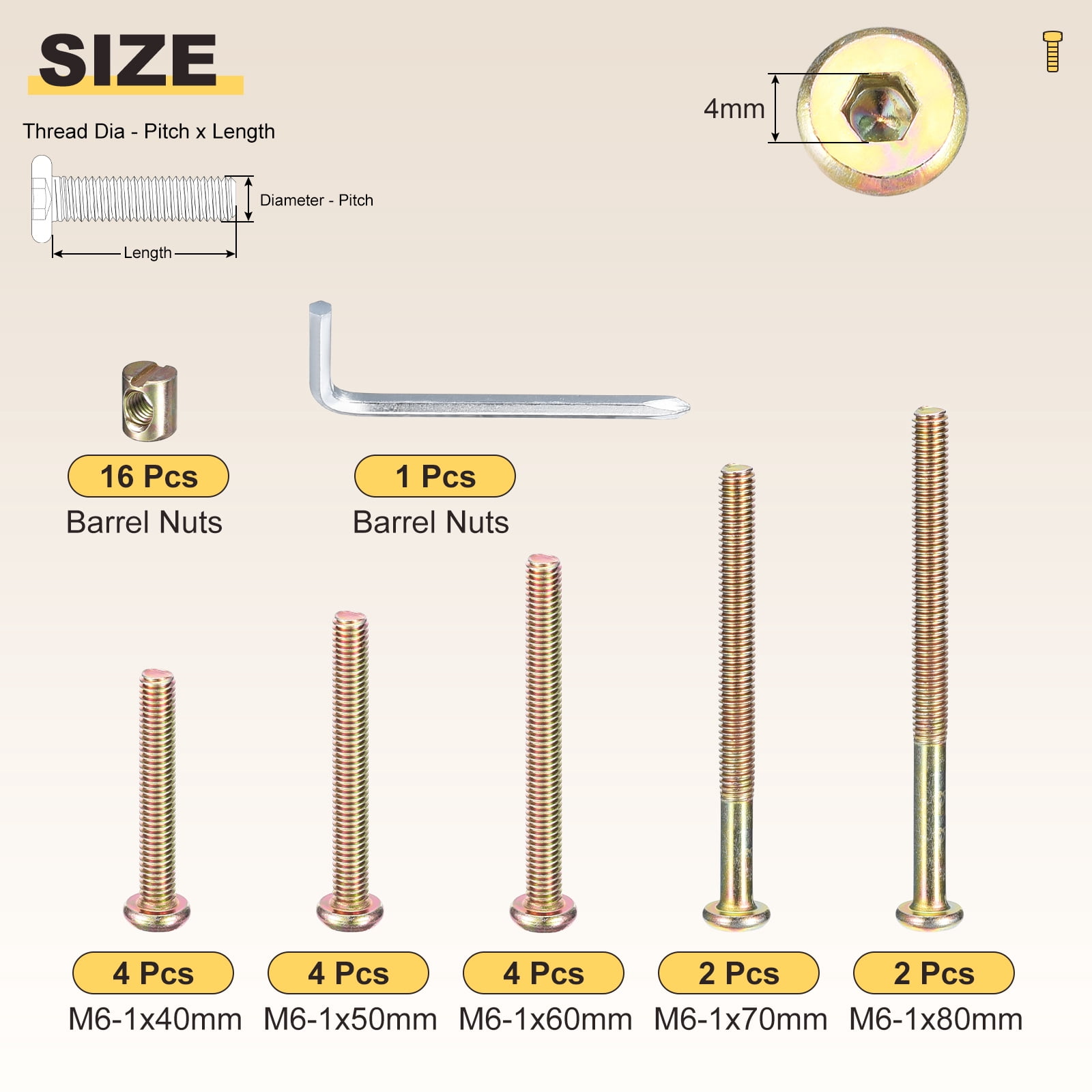 Furniture Connector Bolt Cap Nut Kit with Wrench(M6-1x40/50/60/70/80mm) 36Pcs, Connector Bolt M6 Countersunk Screw Barrel Nuts Binding Screws, for Chair Cabinet Bed, Yellow